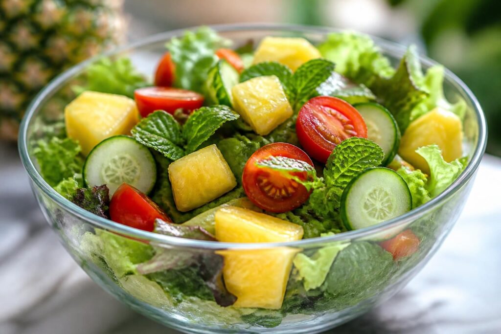 découvrez une salade fraîche et savoureuse alliant l'ananas, source de bienfaits, pour une explosion de saveurs et de santé dans votre assiette.