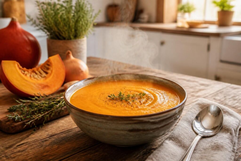 découvrez la recette réconfortante de la soupe potimarron signée etchebest, idéale pour savourer un plat gourmand et chaleureux.