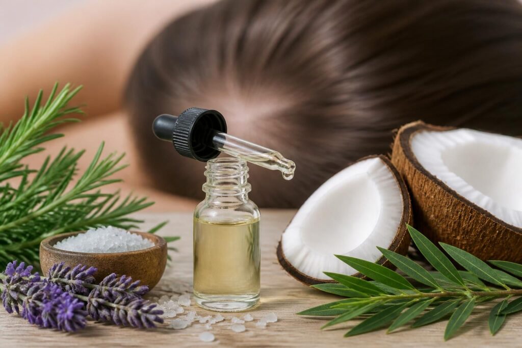 découvrez nos solutions naturelles avec des huiles essentielles pour lutter efficacement contre les pellicules sèches ou grasses et retrouver un cuir chevelu sain.